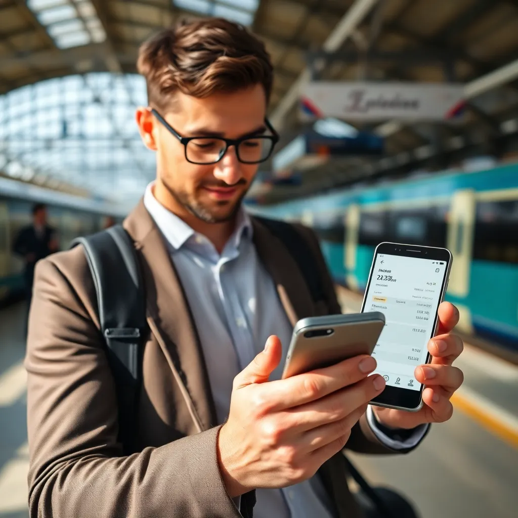 Zakenman gebruikt mobiele uitgavenapp tijdens zakenreis
