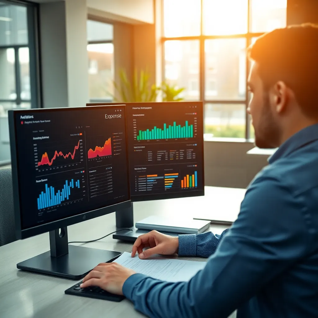 Finance professional analyseert uitgavendata op dashboard met grafieken