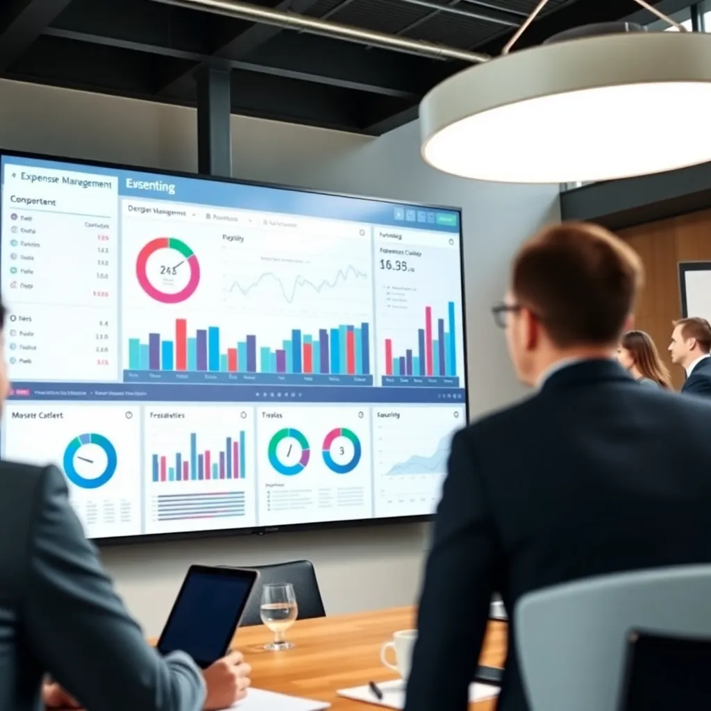 Professioneel team analyseert financiële data op groot scherm in modern kantoor