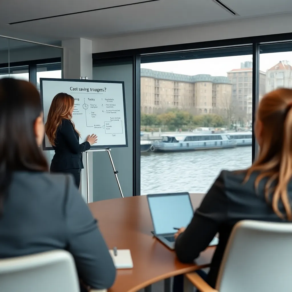 Finance manager geeft presentatie over kostenbesparing
