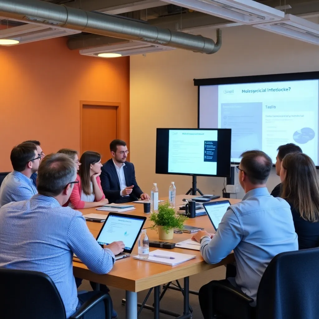 Professioneel team bespreekt digitale uitgavenoplossingen op een moderne werkplek